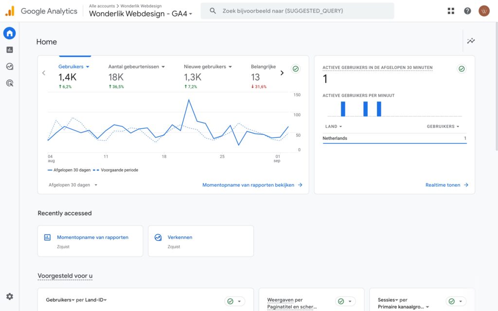 Google Analytics dashboard home