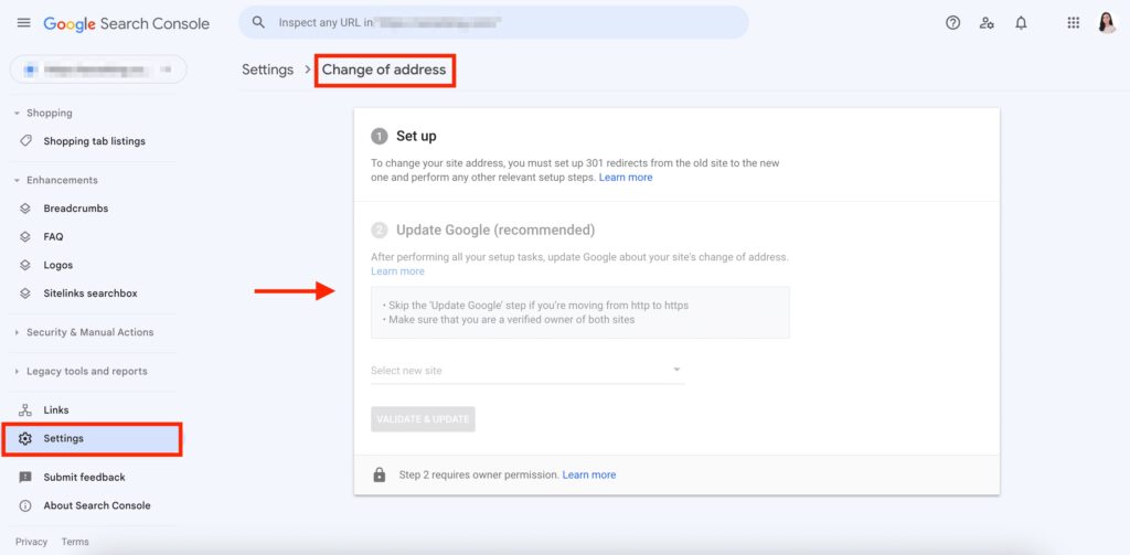 Change of Address tool Google search console