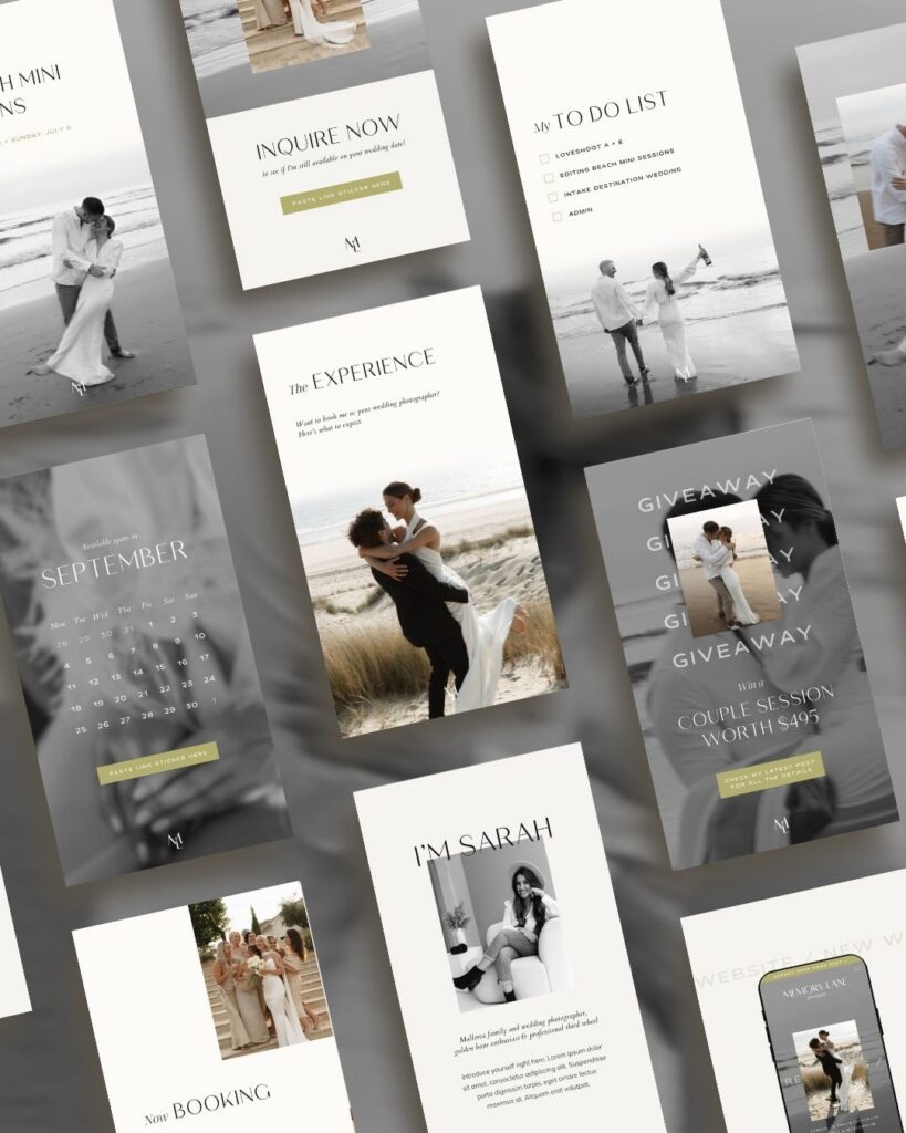 Minimalistische luxe Instagram story templates voor trouwfotograaf
