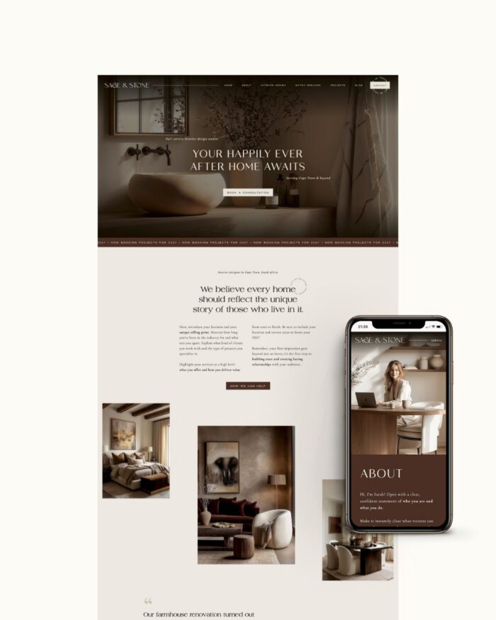 Dark luxury Showit template for interior designer