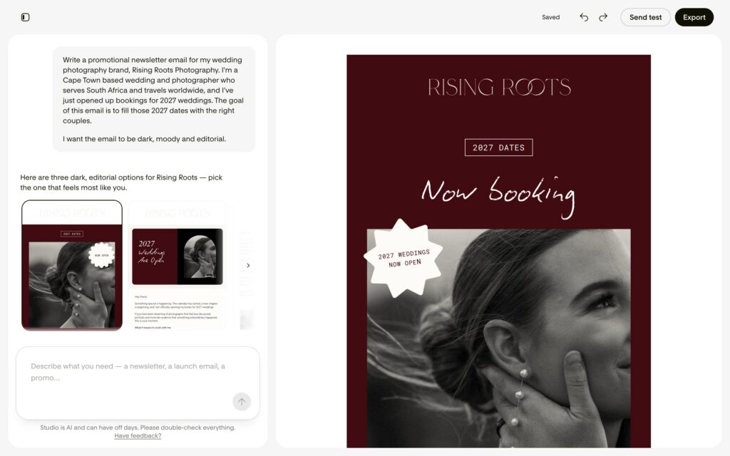 Flodesk Studio AI email marketing tool building a wedding photography newsletter