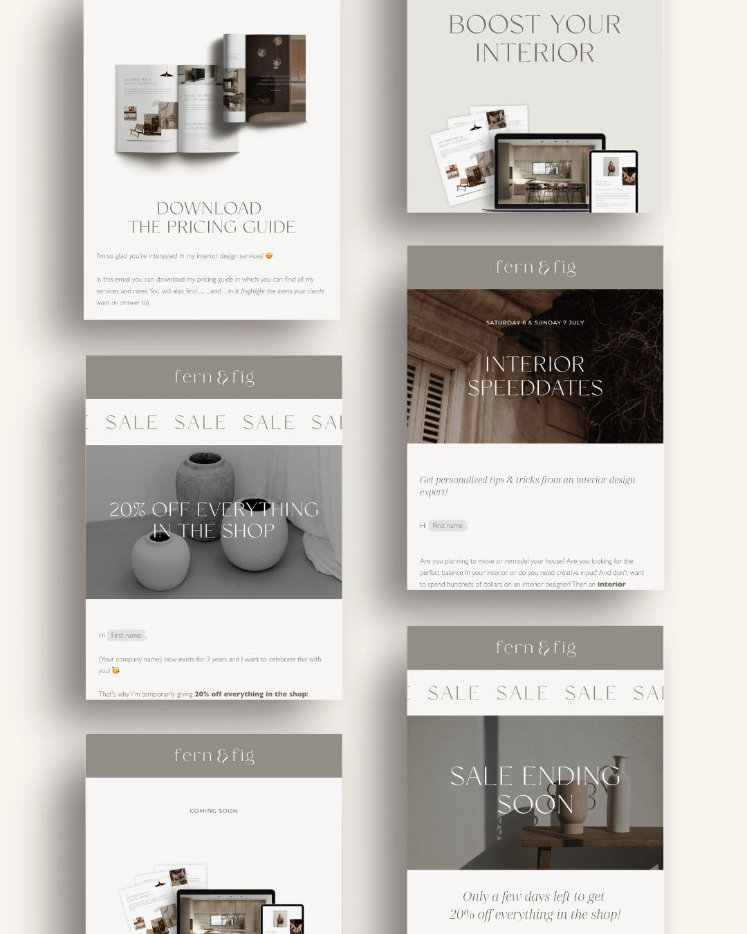 Earthy organic Flodesk email templates for interior designers to boost sales