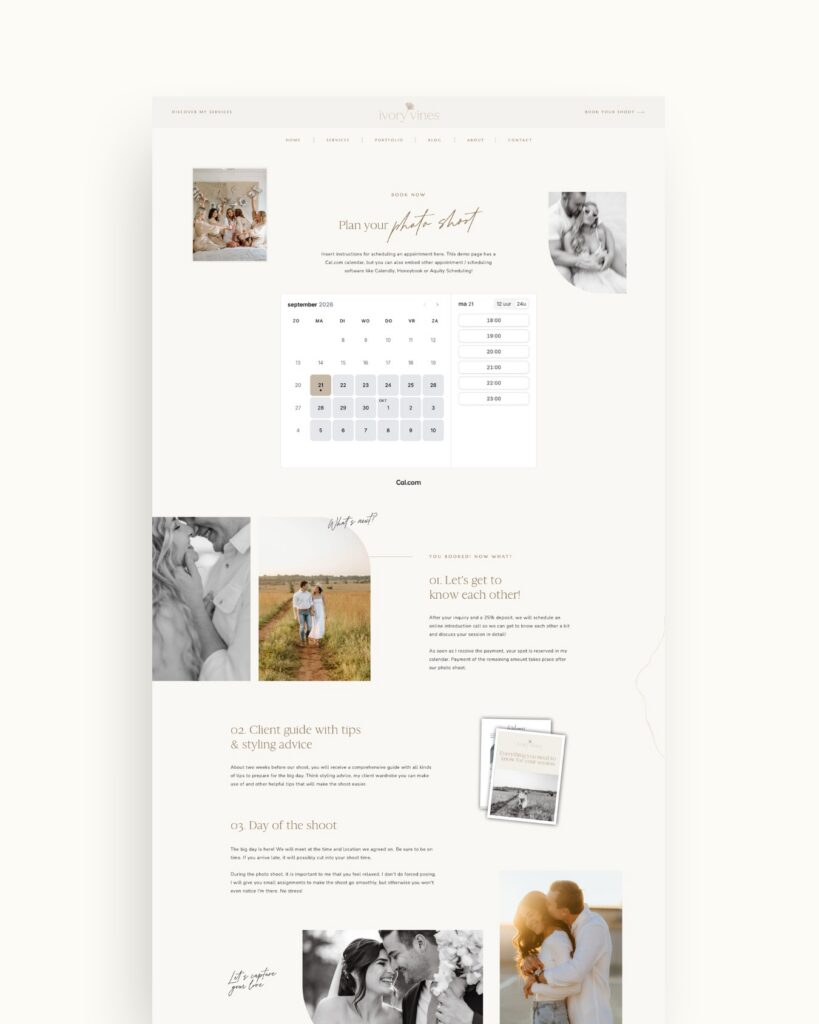 Showit Booking Page Ivory Vines