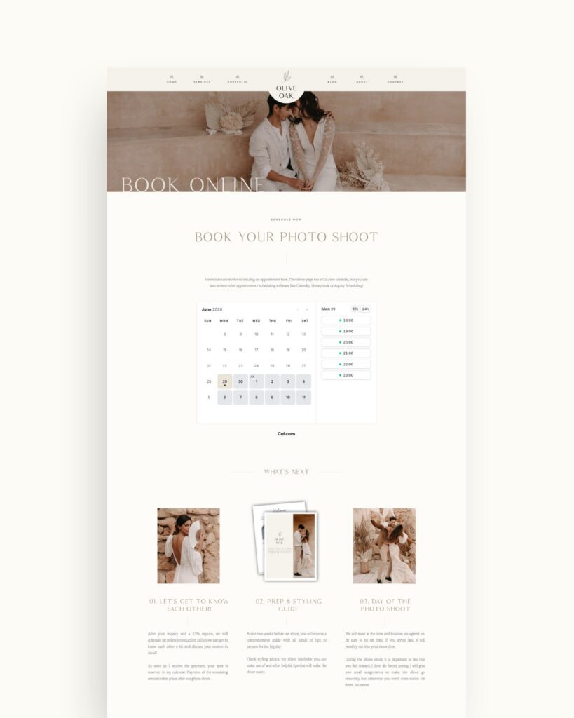 Showit Booking Page Olive Oak