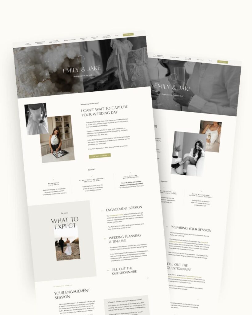 Showit Photographer Client Portals for sessions and weddings