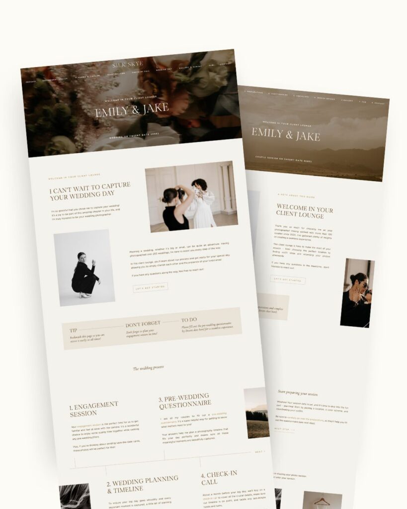 Photographer Client Portals for Showit for weddings and photo sessions