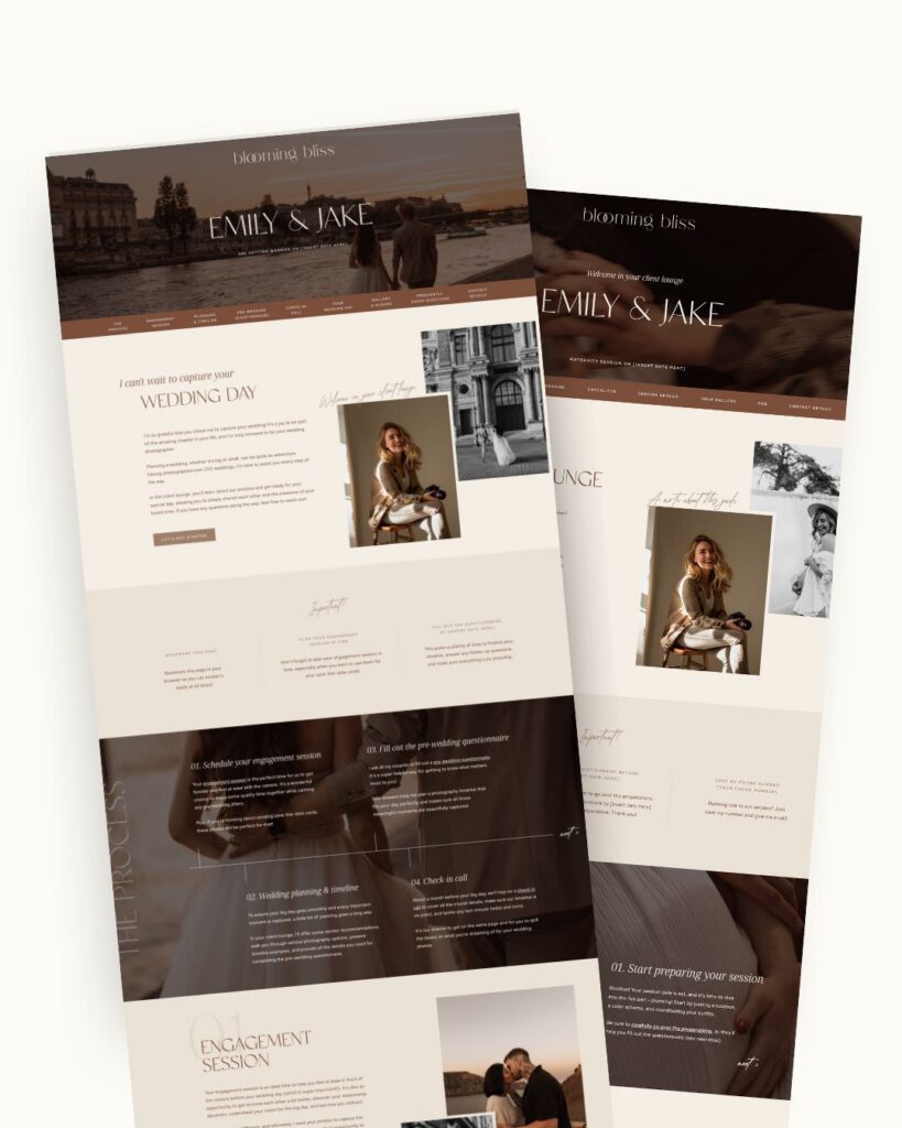 Minimal and warm Showit client portal templates for sessions and weddings