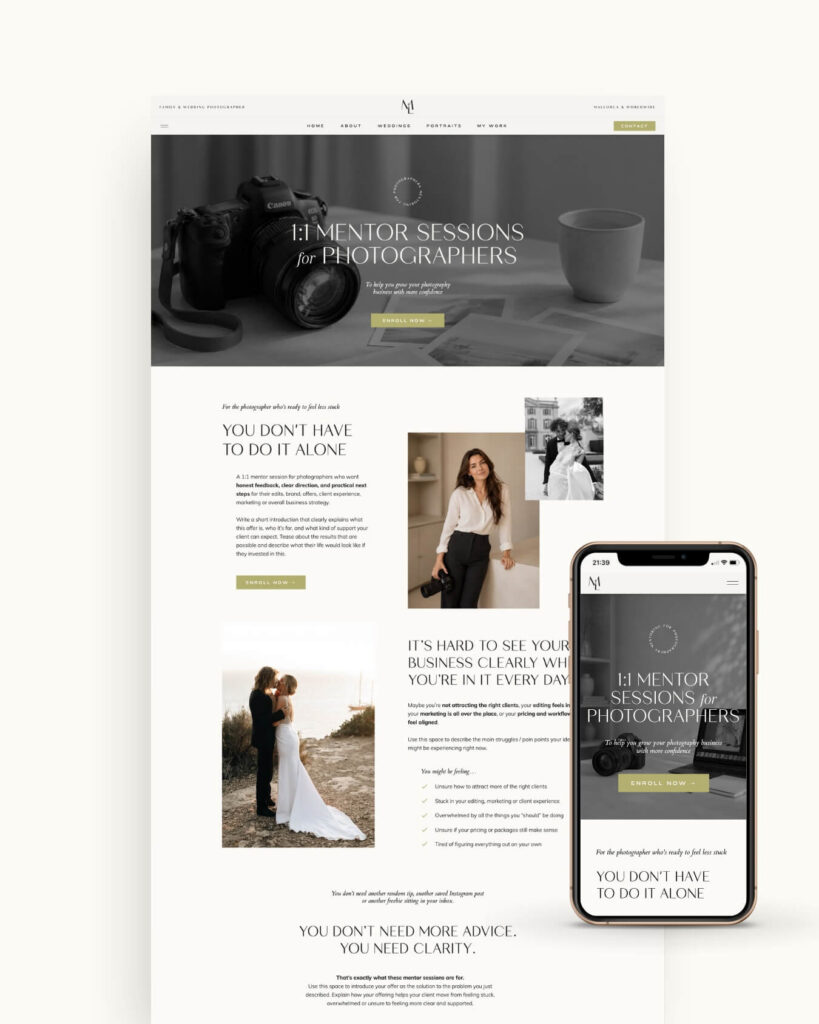 Showit Sales Page for photographers to promote their mentor sessions