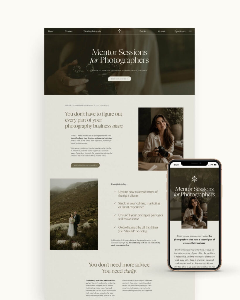 Showit Sales Page for photographers to promote their mentor sessions