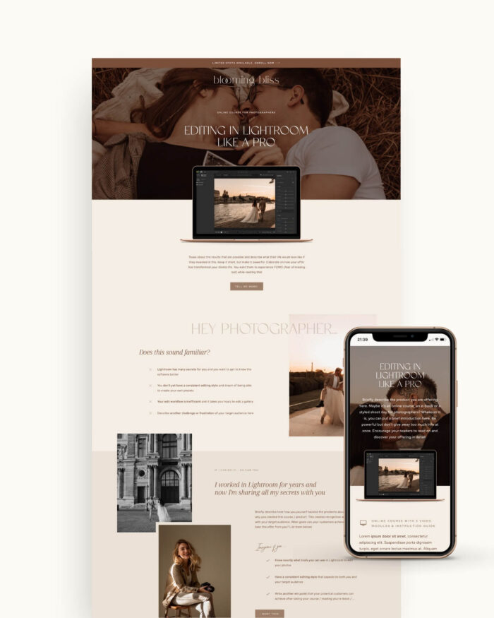 Minimal Showit sales page for photographers selling courses