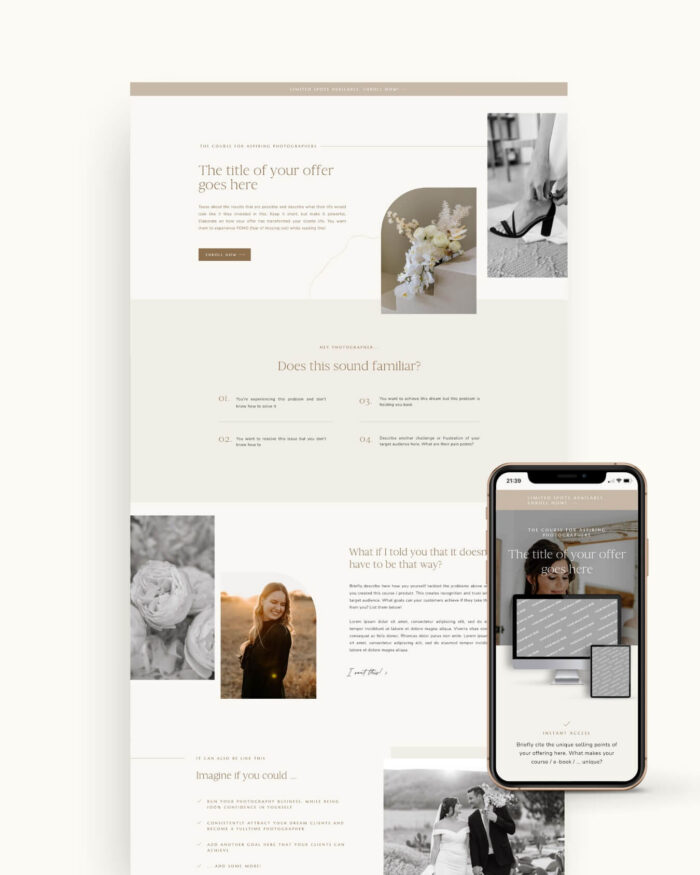Neutral Showit sales page for photographers selling a course or digital product