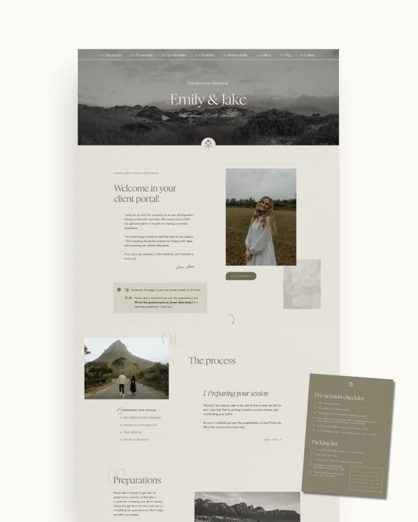 Moody Showit session client portal for photographers