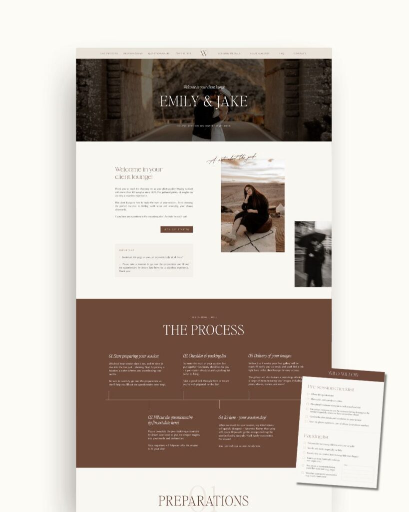 Editorial Showit Client Portal for Photographers - Sessions