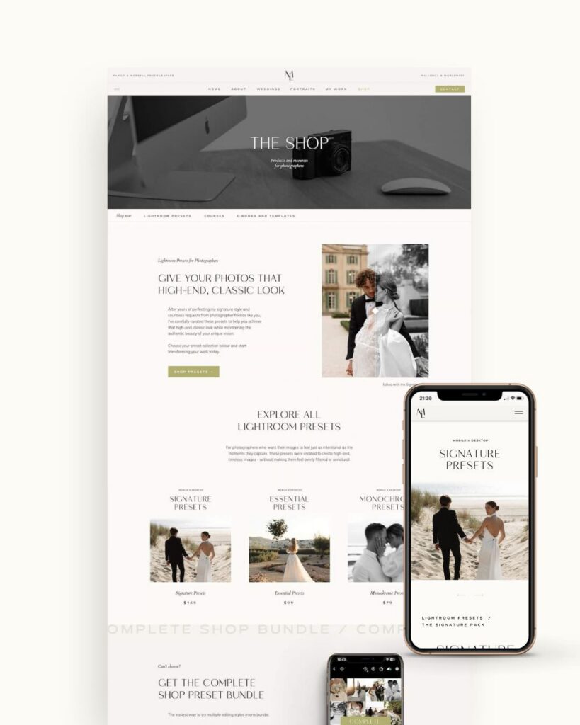 Preset shop template for photographers in Showit
