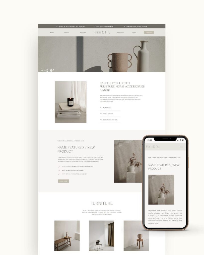 Interior design shop template Showit