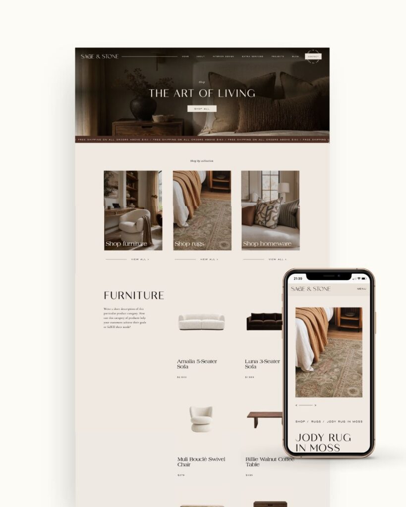 Interior design Shop template for Showit