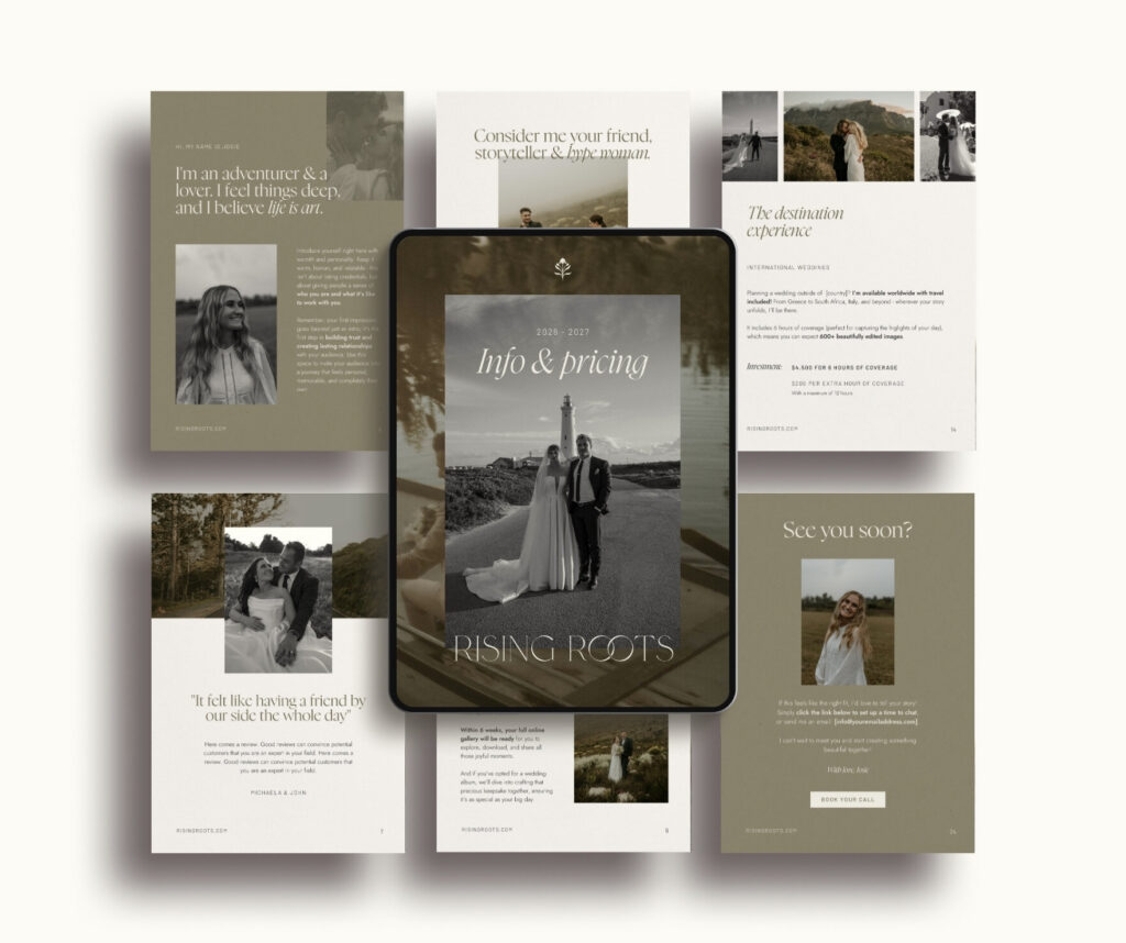 Moody pricing guide template for wedding photographer