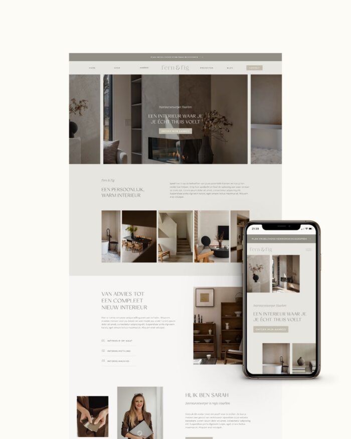 Aardse en organische website template voor interieurdesign in Showit