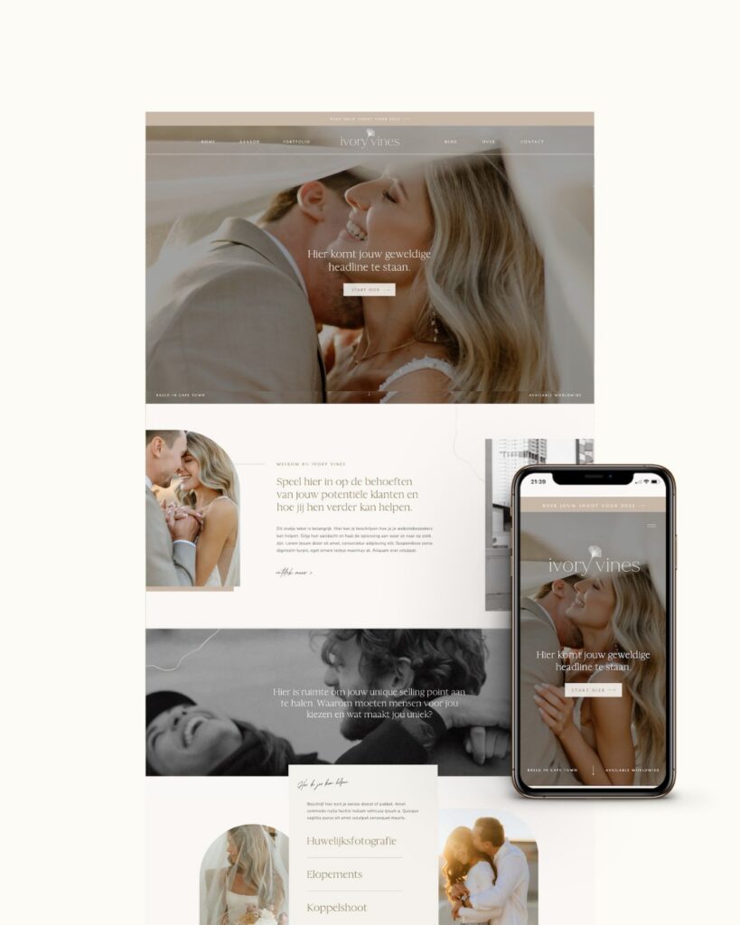 Neutrale fotografie website template voor Showit