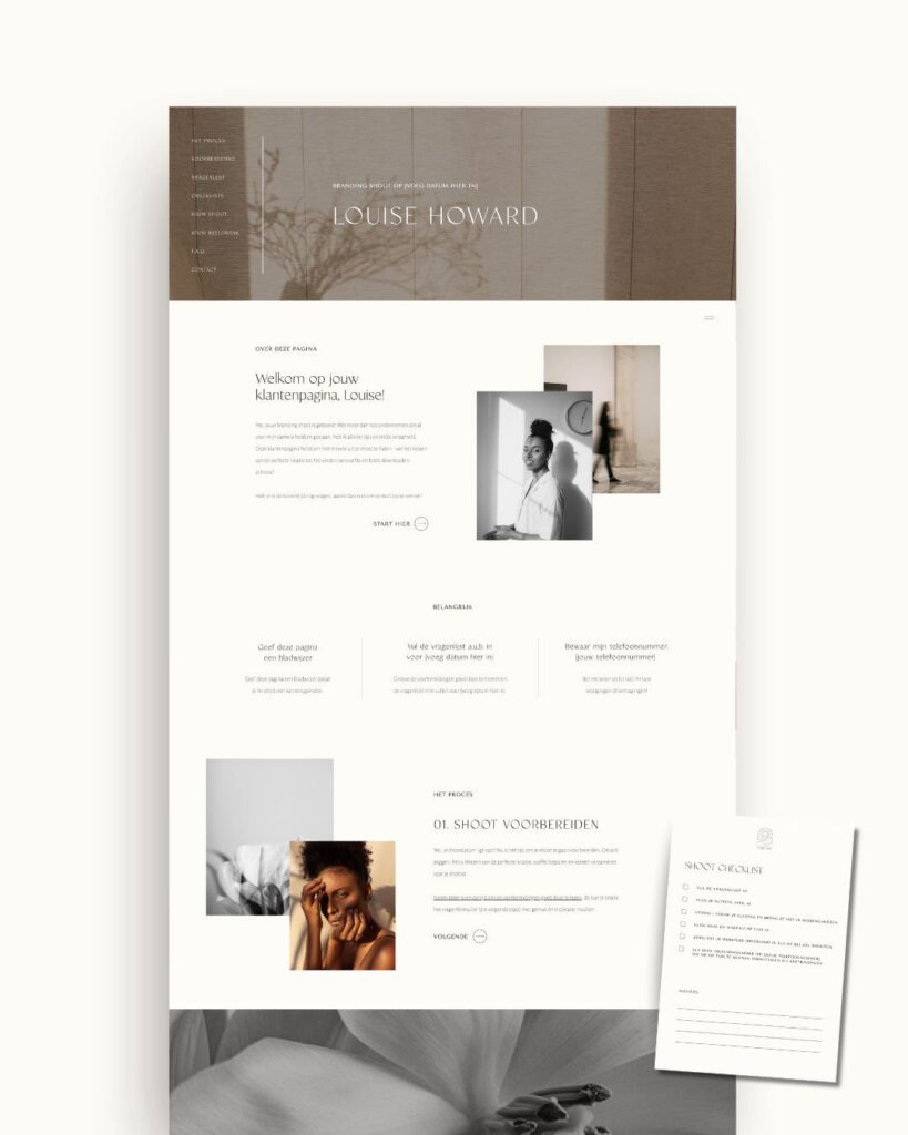 Minimalistisch klantenportaal voor fotografen voor fotoshoots, toe te voegen aan Showit website