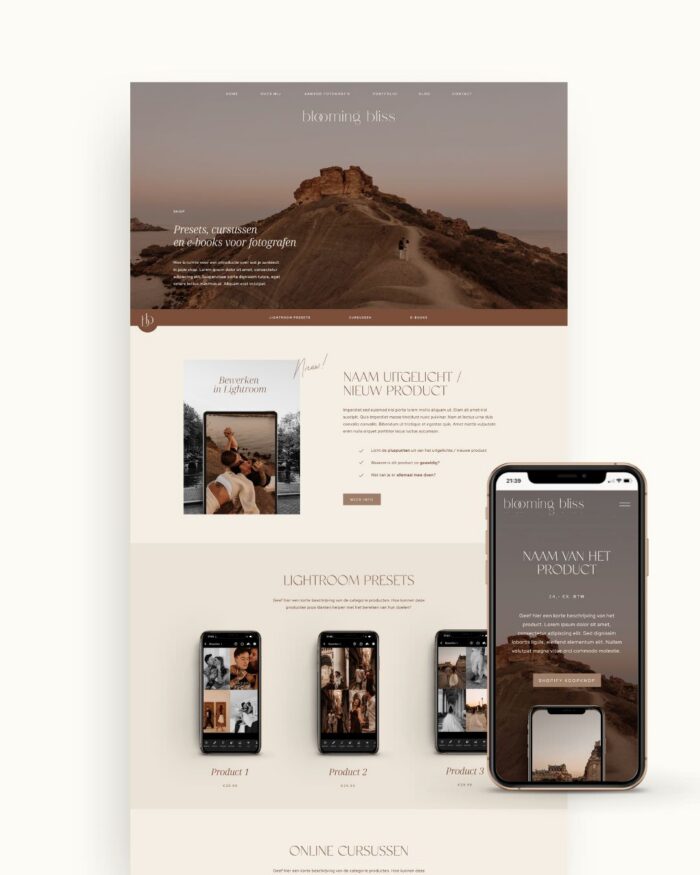 Fotografie webshop template voor Showit