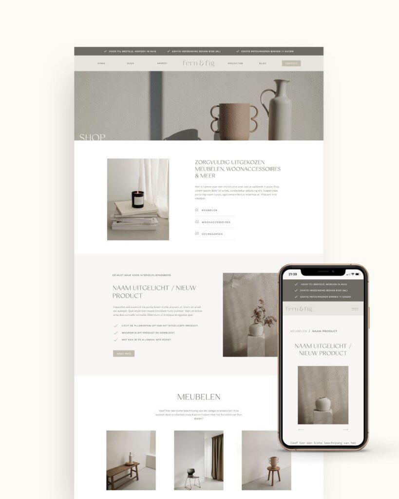 Interieurontwerp webshop template voor Showit
