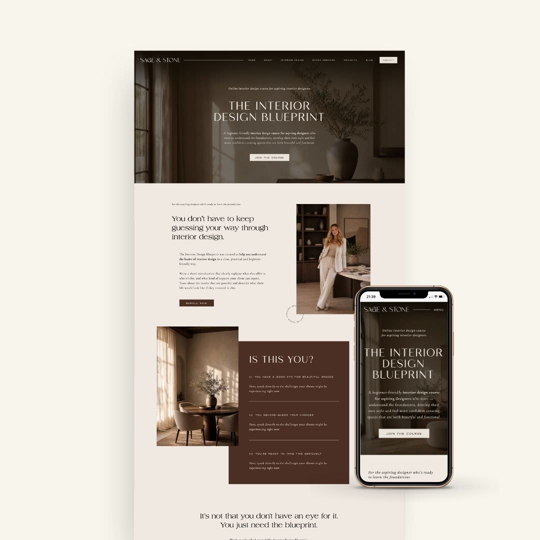 Interior design sales page for Showit